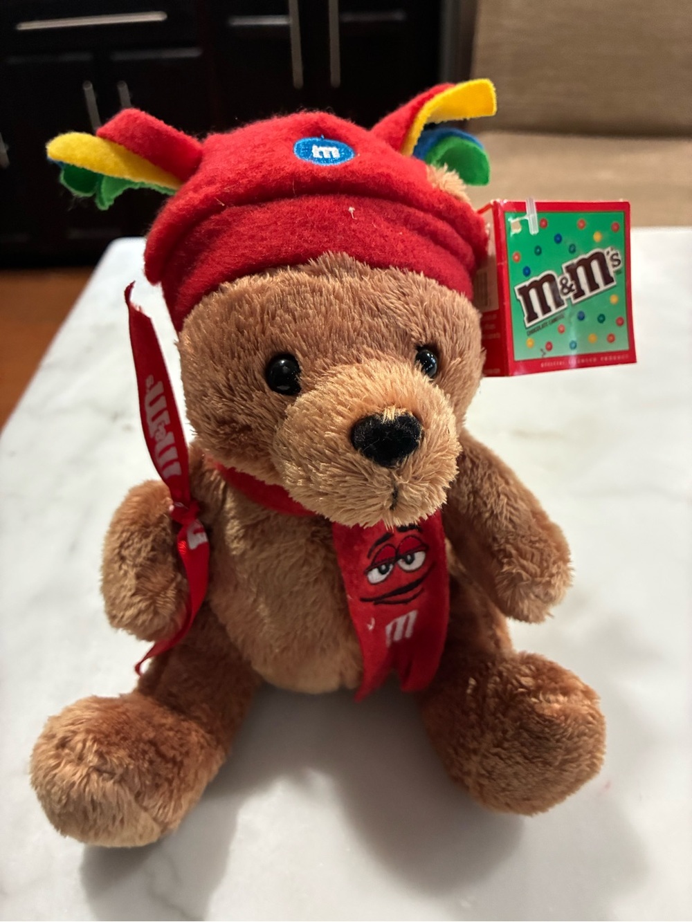 NWT M&M's Vintage Mini Bear Plush Christmas Hat Scarf